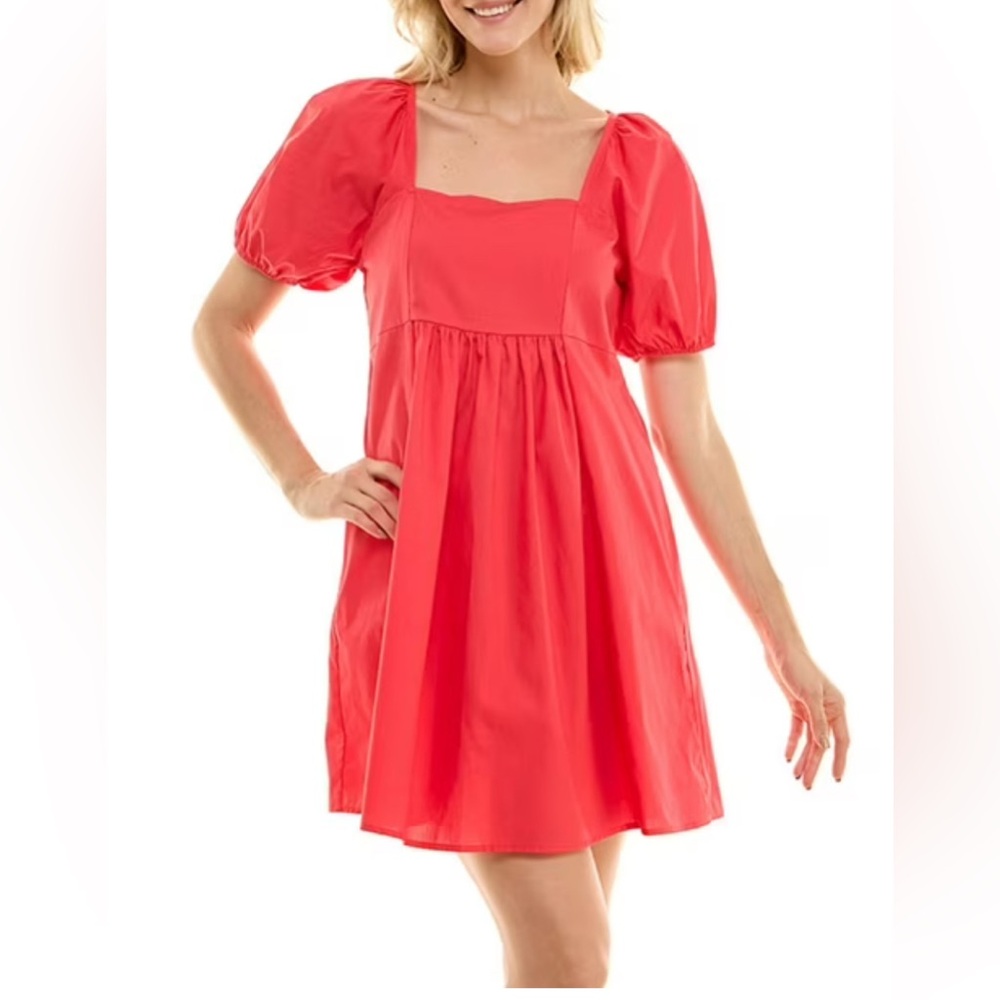Vibrant Coral Red Puff Sleeve Babydoll Dress